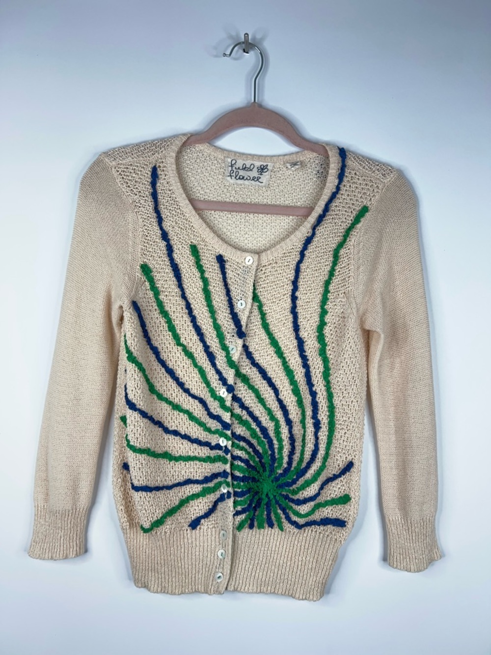 Anthropologie Field & Flower Cream Cardigan Sweater Blue & Green Swirl Twee